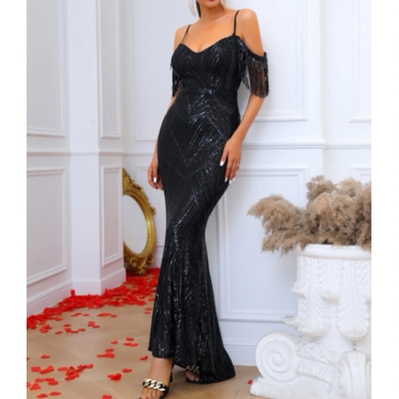 Luxe cold shoulder fringe hem party  wedding bridesmaid wedding mermaid dress - Picture 3 of 7